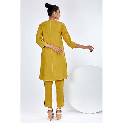 MADDER MUCH Mustard Cotton Round Neck Stripes Top With Pant