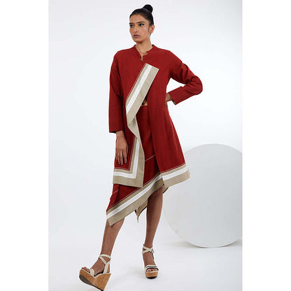 MADDER MUCH Red Cotton Asymmetrical Stripes Bustier With Jacket And Skirt