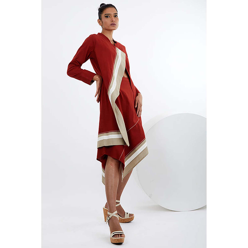 MADDER MUCH Red Cotton Asymmetrical Stripes Bustier With Jacket And Skirt