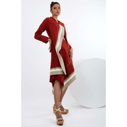 MADDER MUCH Red Cotton Asymmetrical Stripes Bustier With Jacket And Skirt