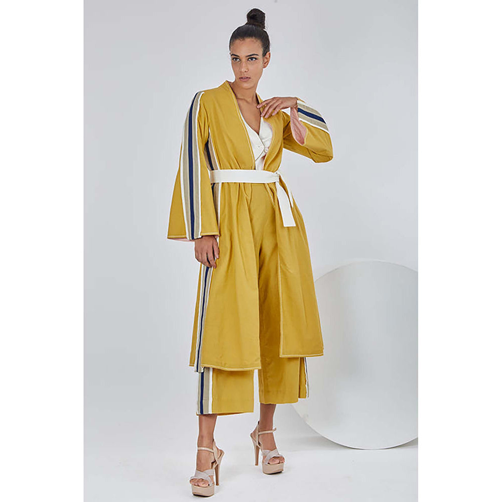 MADDER MUCH Cotton Mustard V-Neck Stripes Top With Palazzo And Jacket