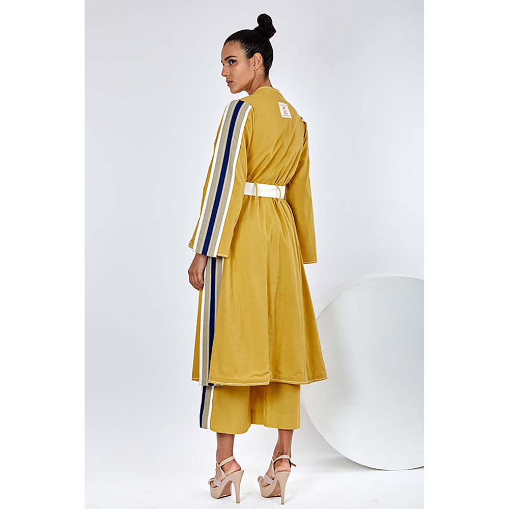 MADDER MUCH Cotton Mustard V-Neck Stripes Top With Palazzo And Jacket