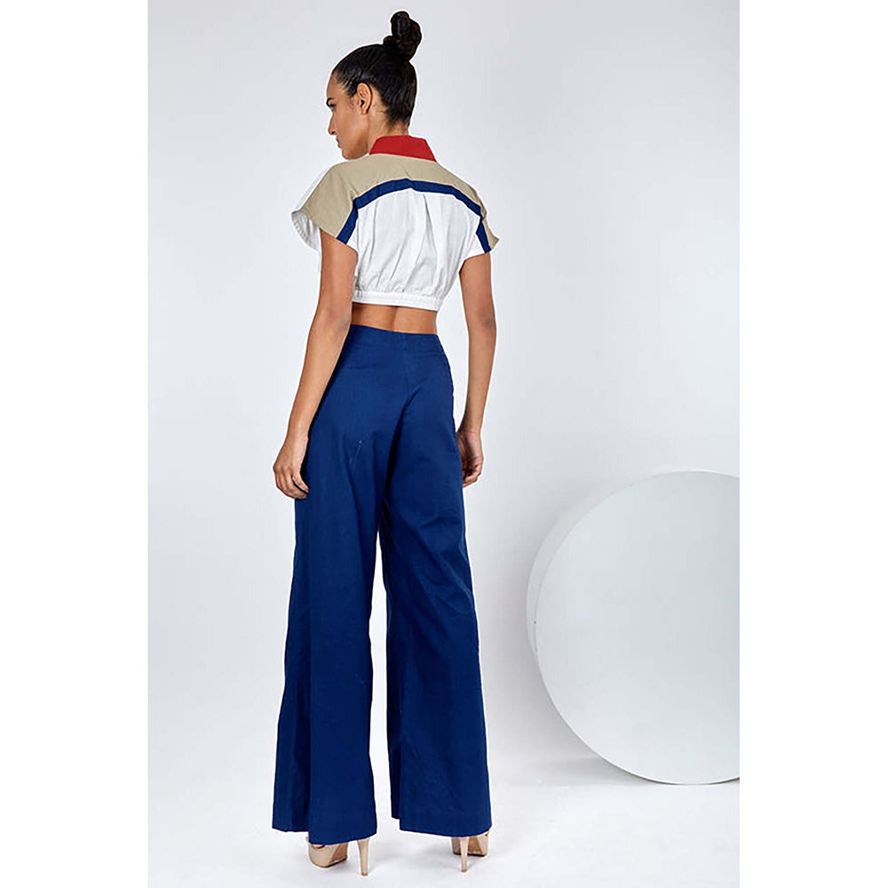 MADDER MUCH Cotton White V-Neck Stripes Top With Pant Co-Ord's