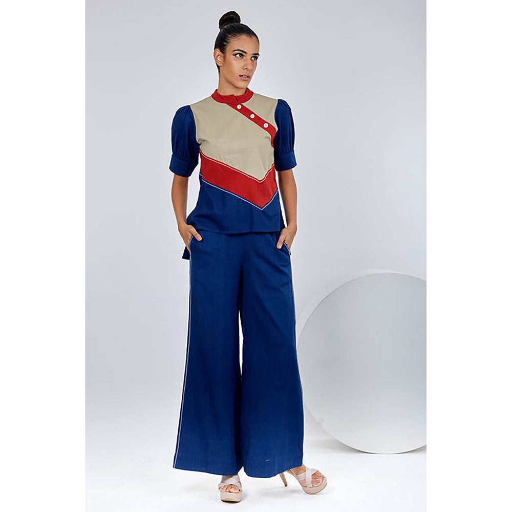 MADDER MUCH Navy Blue Cotton Crew Neck Solid/Plain Top With Pant
