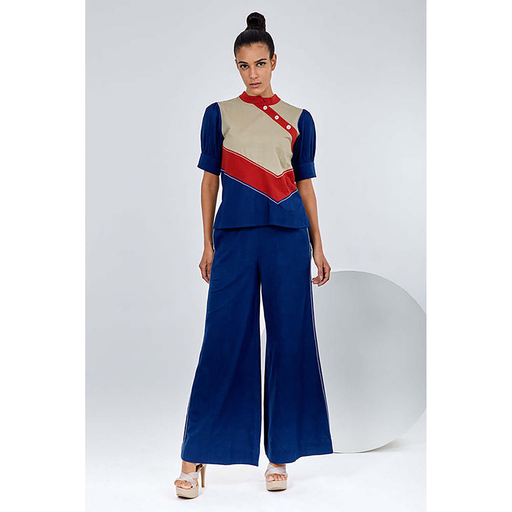 MADDER MUCH Navy Blue Cotton Crew Neck Solid/Plain Top With Pant