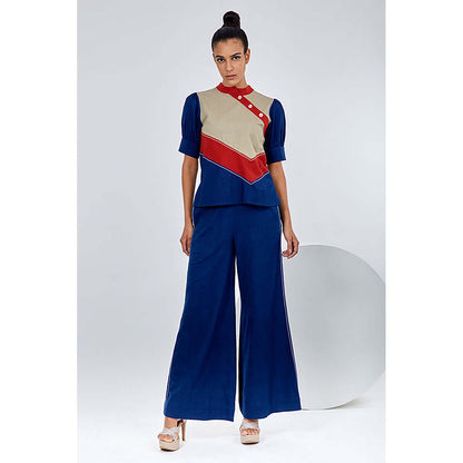 MADDER MUCH Navy Blue Cotton Crew Neck Solid/Plain Top With Pant