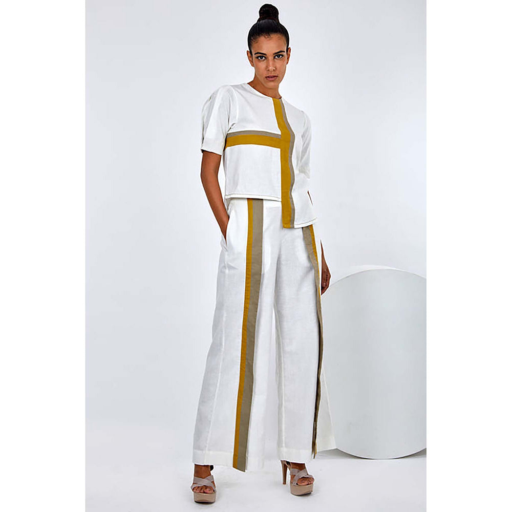 MADDER MUCH Cotton White Crew Neck Stripes Top With Pant Co-Ord's