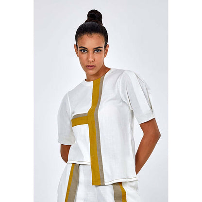 MADDER MUCH Cotton White Crew Neck Stripes Top With Pant Co-Ord's