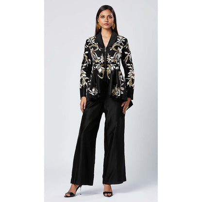 MADDER MUCH Cotton Black V-Neck Embroidered Peplum Top With Pant Co-Ord's
