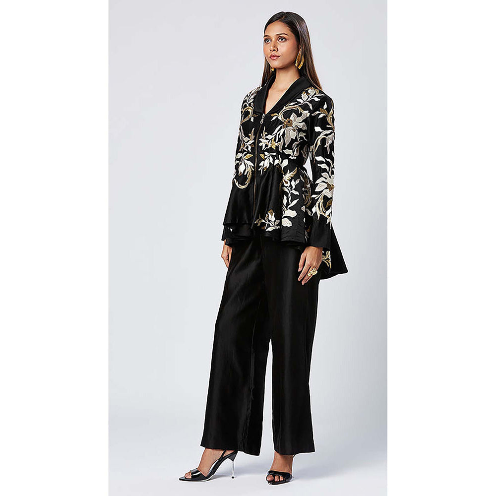 MADDER MUCH Cotton Black V-Neck Embroidered Peplum Top With Pant Co-Ord's