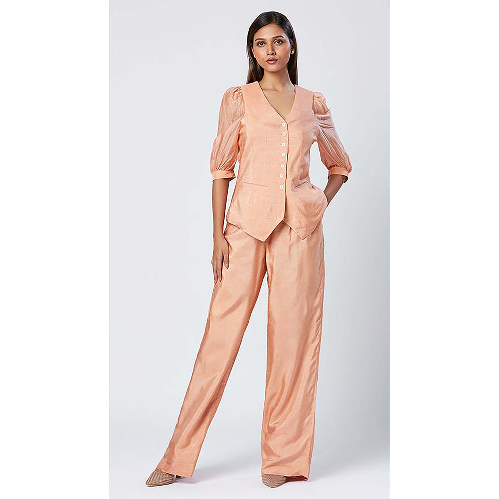 MADDER MUCH Peach Chanderi Silk V-Neck Solid/Plain Waistcoat Top With Pant