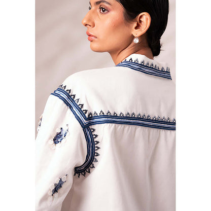 MADDER MUCH Multi-Color Cotton Collar Neck Embroidered Top With Pant