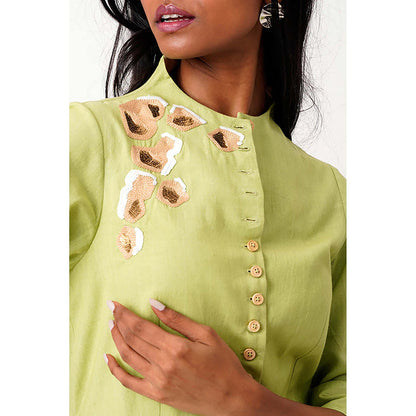 MADDER MUCH Cotton Green Mandarin Neck Solid/Plain Peplum Top With Skirt