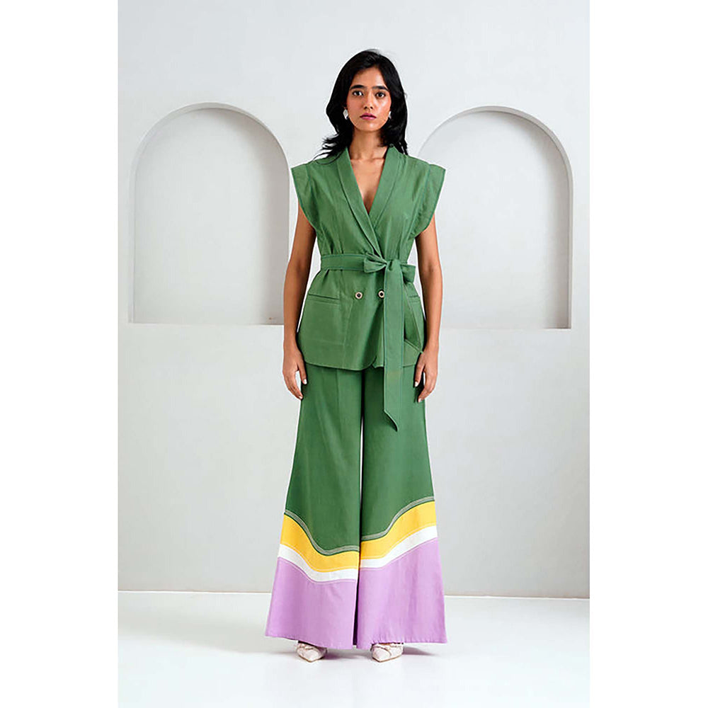 MADDER MUCH Cotton Green V-Neck Solid/Plain Top With Palazzo Co-Ord's