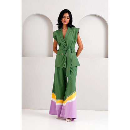 MADDER MUCH Cotton Green V-Neck Solid/Plain Top With Palazzo Co-Ord's