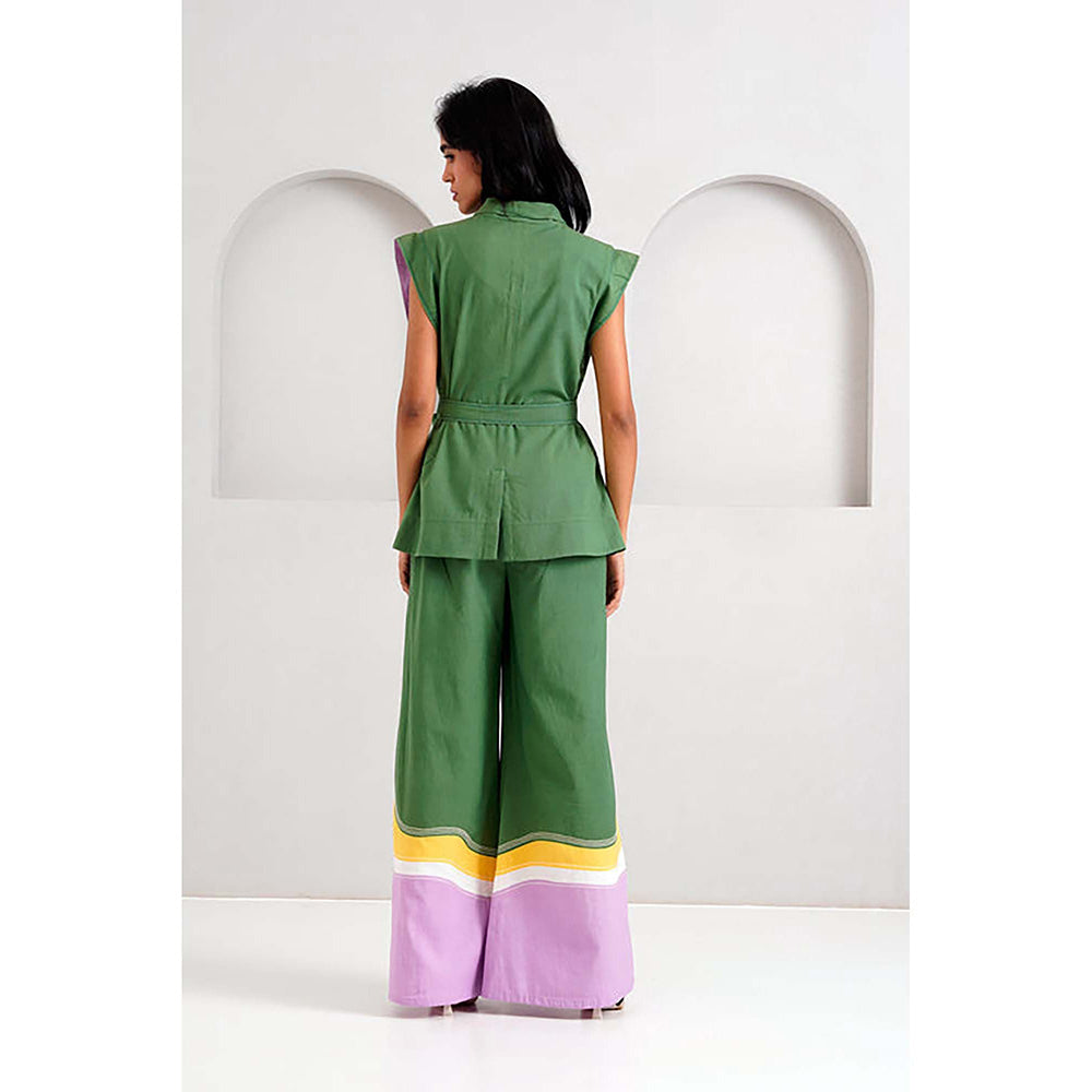 MADDER MUCH Cotton Green V-Neck Solid/Plain Top With Palazzo Co-Ord's