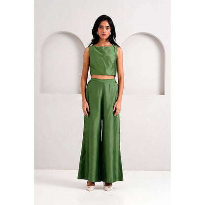 MADDER MUCH Cotton Green Crew Neck Floral Top With Palazzo And Jacket