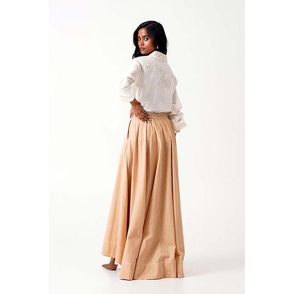 MADDER MUCH Cotton Beige Collar Neck Solid/Plain Top With Skirt