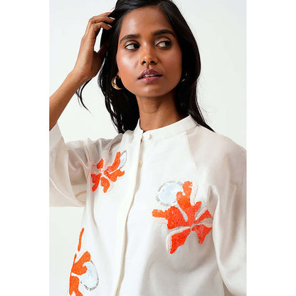 MADDER MUCH Cotton White Mandarin Neck Solid/Plain Shirt With Shorts Short Set