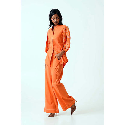 MADDER MUCH Sunset Orange Oba Set - Embroidered Sleeve Top + Pants