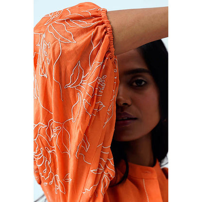 MADDER MUCH Sunset Orange Oba Set - Embroidered Sleeve Top + Pants
