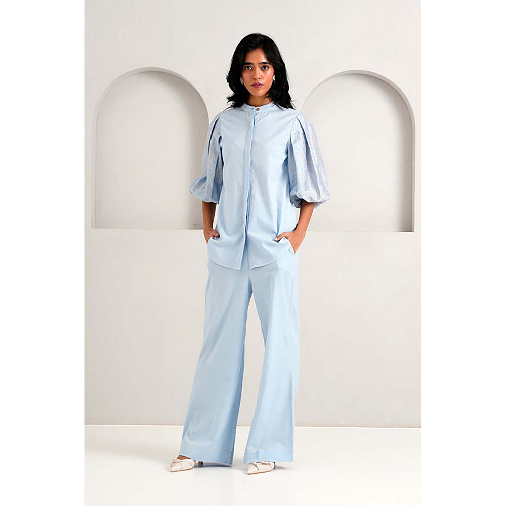 MADDER MUCH Cotton Blue Mandarin Neck Solid/Plain Top With Palazzo Co-Ord's