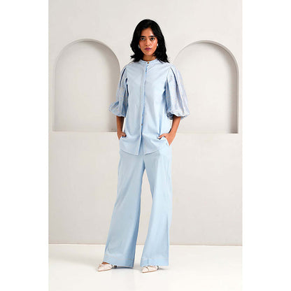 MADDER MUCH Cotton Blue Mandarin Neck Solid/Plain Top With Palazzo Co-Ord's