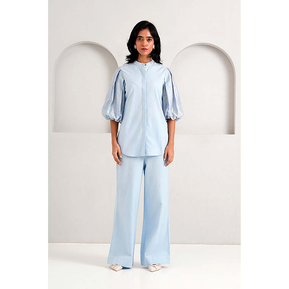 MADDER MUCH Cotton Blue Mandarin Neck Solid/Plain Top With Palazzo Co-Ord's