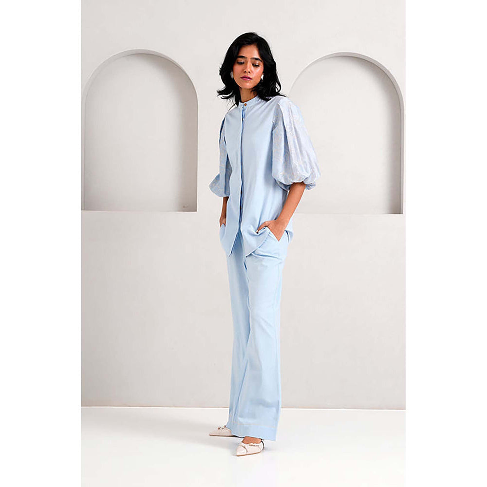 MADDER MUCH Cotton Blue Mandarin Neck Solid/Plain Top With Palazzo Co-Ord's