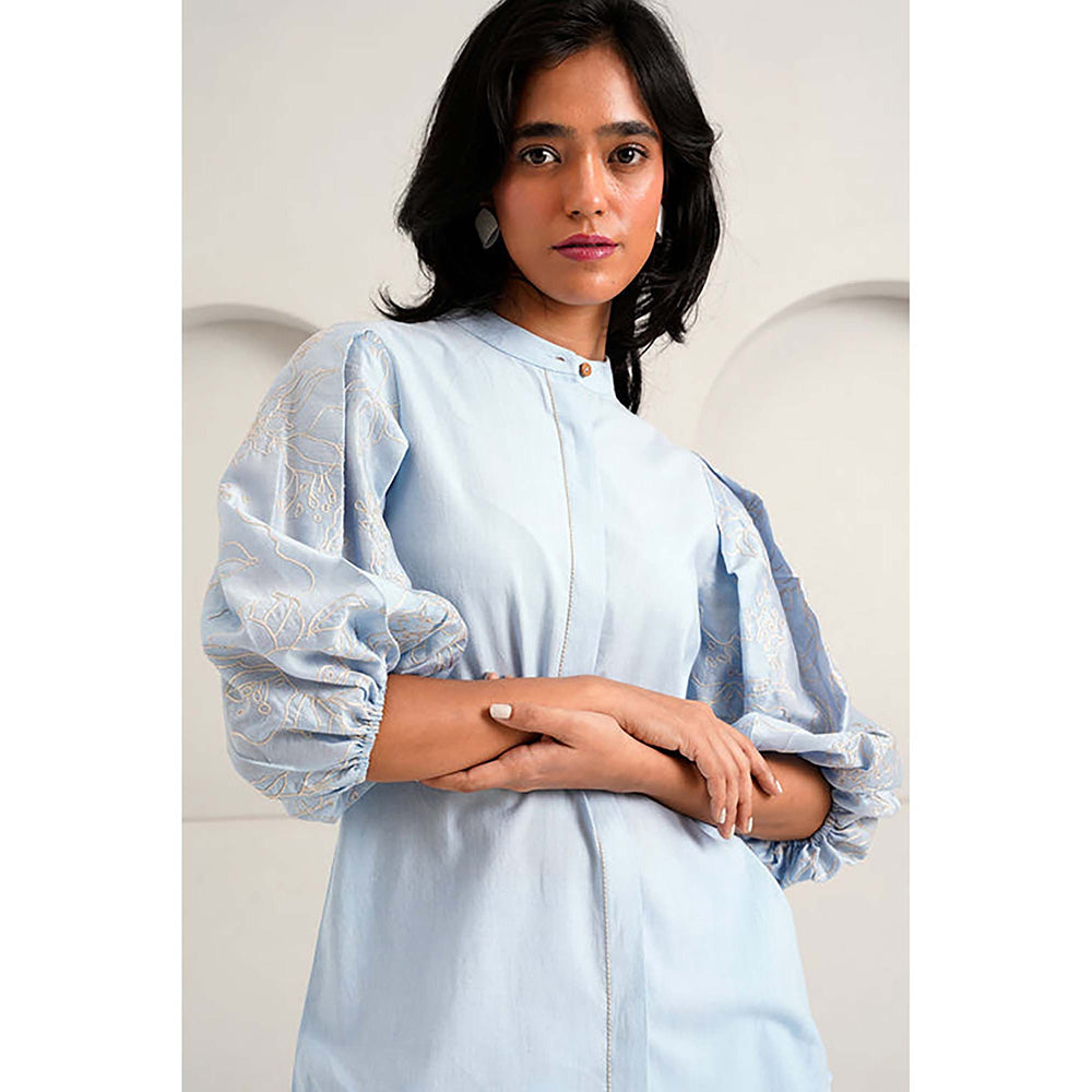 MADDER MUCH Cotton Blue Mandarin Neck Solid/Plain Top With Palazzo Co-Ord's