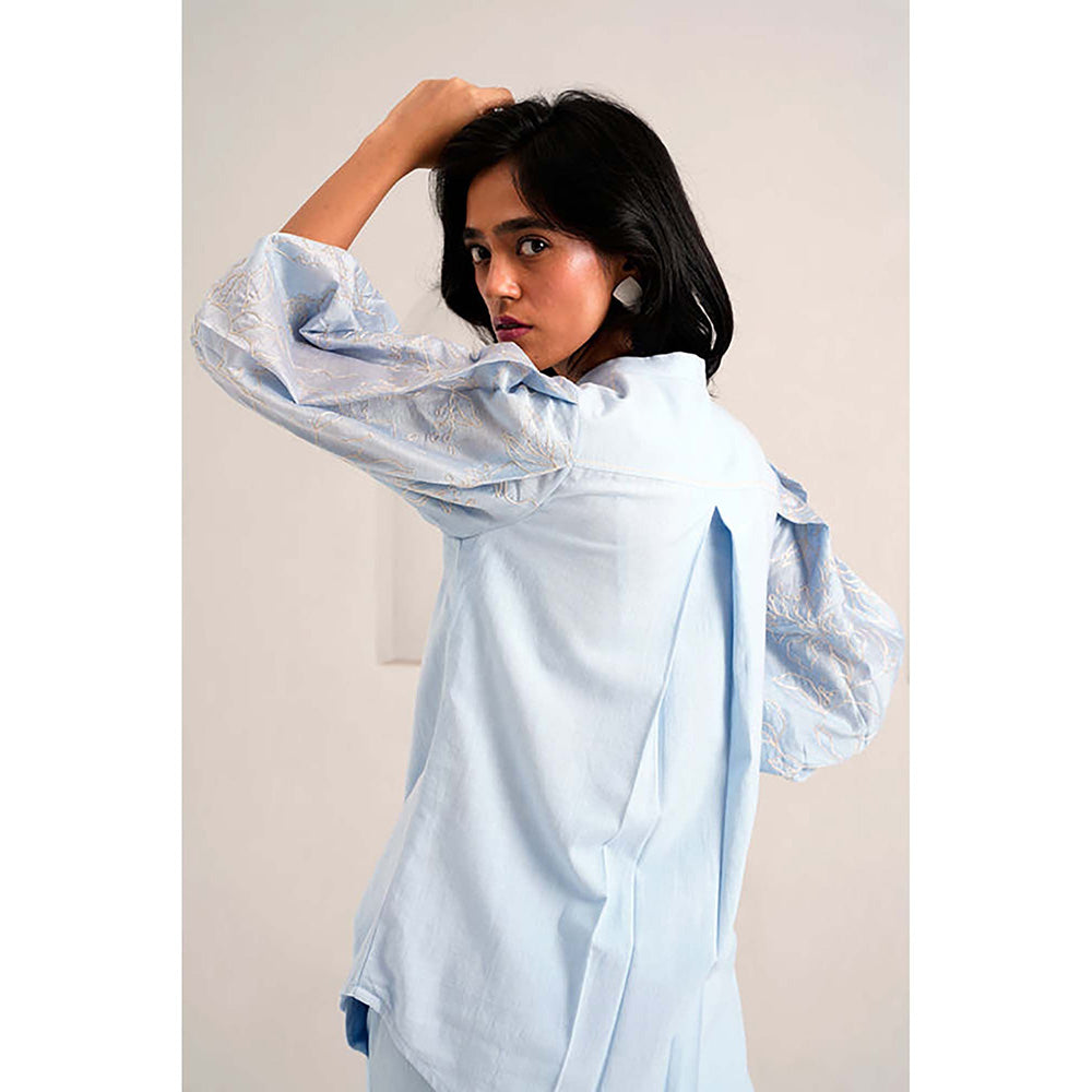MADDER MUCH Cotton Blue Mandarin Neck Solid/Plain Top With Palazzo Co-Ord's