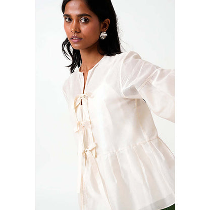 MADDER MUCH Ivory Toni Set - Multi Knot Peplum Top With Slip + Pine Green Pants