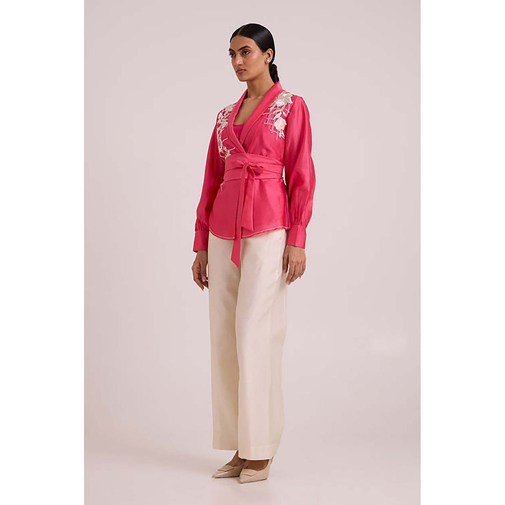 MADDER MUCH Cotton Pink V-Neck Floral Top With Pant And Belt Co-Ord's
