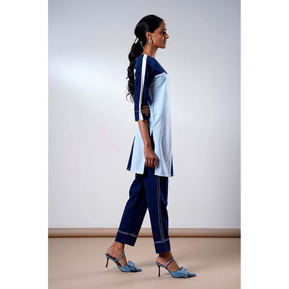 MADDER MUCH Navy Blue Cotton Crew Neck Colorblock Top With Pant