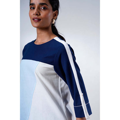 MADDER MUCH Navy Blue Cotton Crew Neck Colorblock Top With Pant