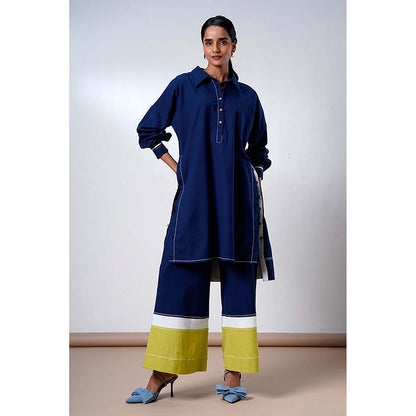 MADDER MUCH Indigo Cotton Collar Neck Colorblock Top With Pant