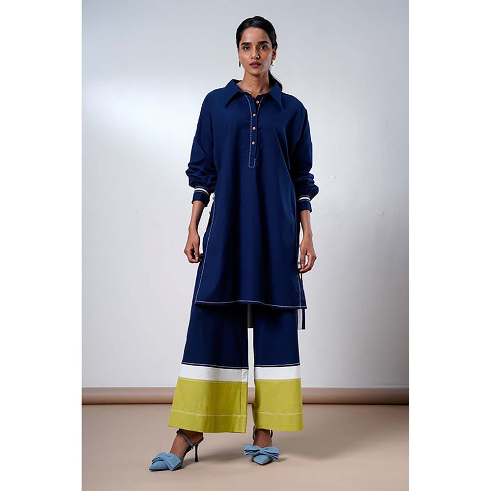 MADDER MUCH Indigo Cotton Collar Neck Colorblock Top With Pant
