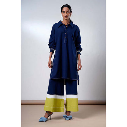 MADDER MUCH Indigo Cotton Collar Neck Colorblock Top With Pant