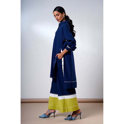 MADDER MUCH Indigo Cotton Collar Neck Colorblock Top With Pant