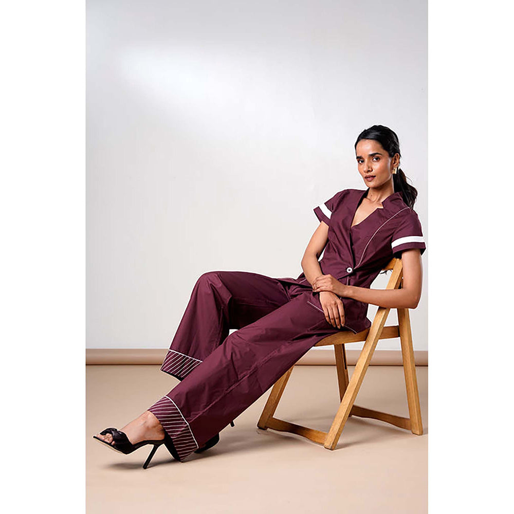 MADDER MUCH Brown Cotton V-Neck Solid/Plain Top With Pant