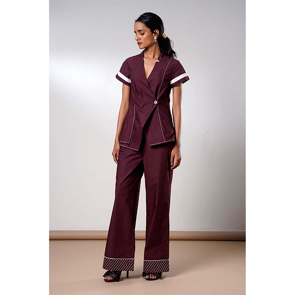 MADDER MUCH Brown Cotton V-Neck Solid/Plain Top With Pant
