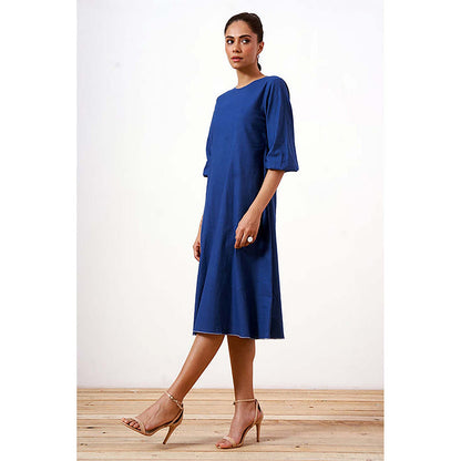 MADDER MUCH Blue Cotton Round Neck Solid/Plain Midi Dress