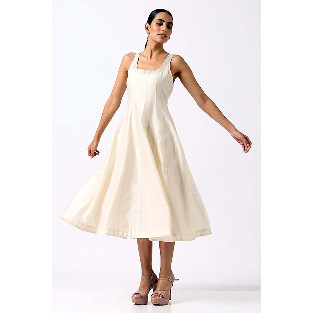MADDER MUCH White Chanderi Square Neck Solid A-Line Midi Dress