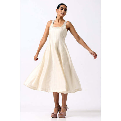 MADDER MUCH White Chanderi Square Neck Solid A-Line Midi Dress