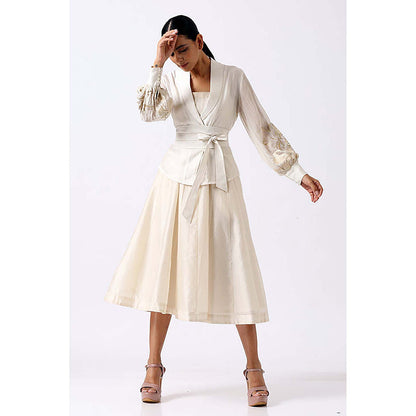 MADDER MUCH White Chanderi V-Neck Solid Fitted Midi Dress