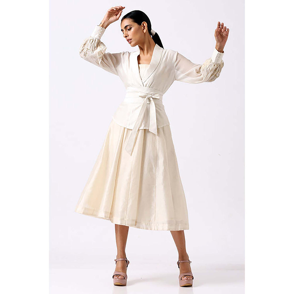 MADDER MUCH White Chanderi V-Neck Solid Fitted Midi Dress