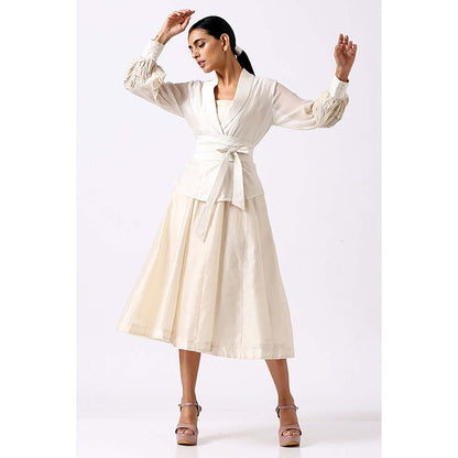 MADDER MUCH White Chanderi V-Neck Solid Fitted Midi Dress