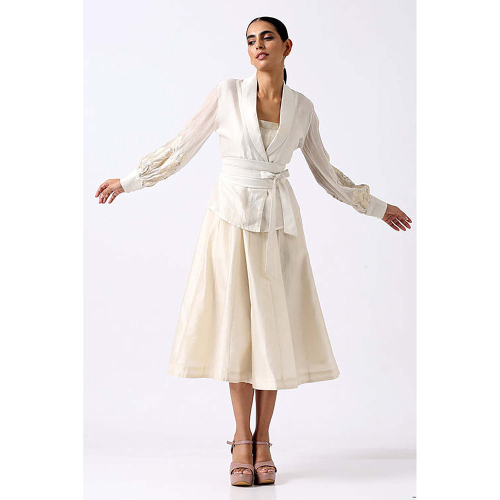 MADDER MUCH White Chanderi V-Neck Solid Fitted Midi Dress