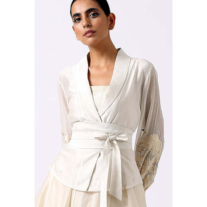 MADDER MUCH White Chanderi V-Neck Solid Fitted Midi Dress