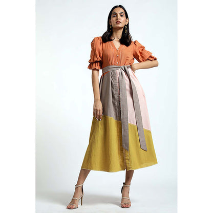 MADDER MUCH Multi-Color Cotton V-Neck Colorblock Midi Dress